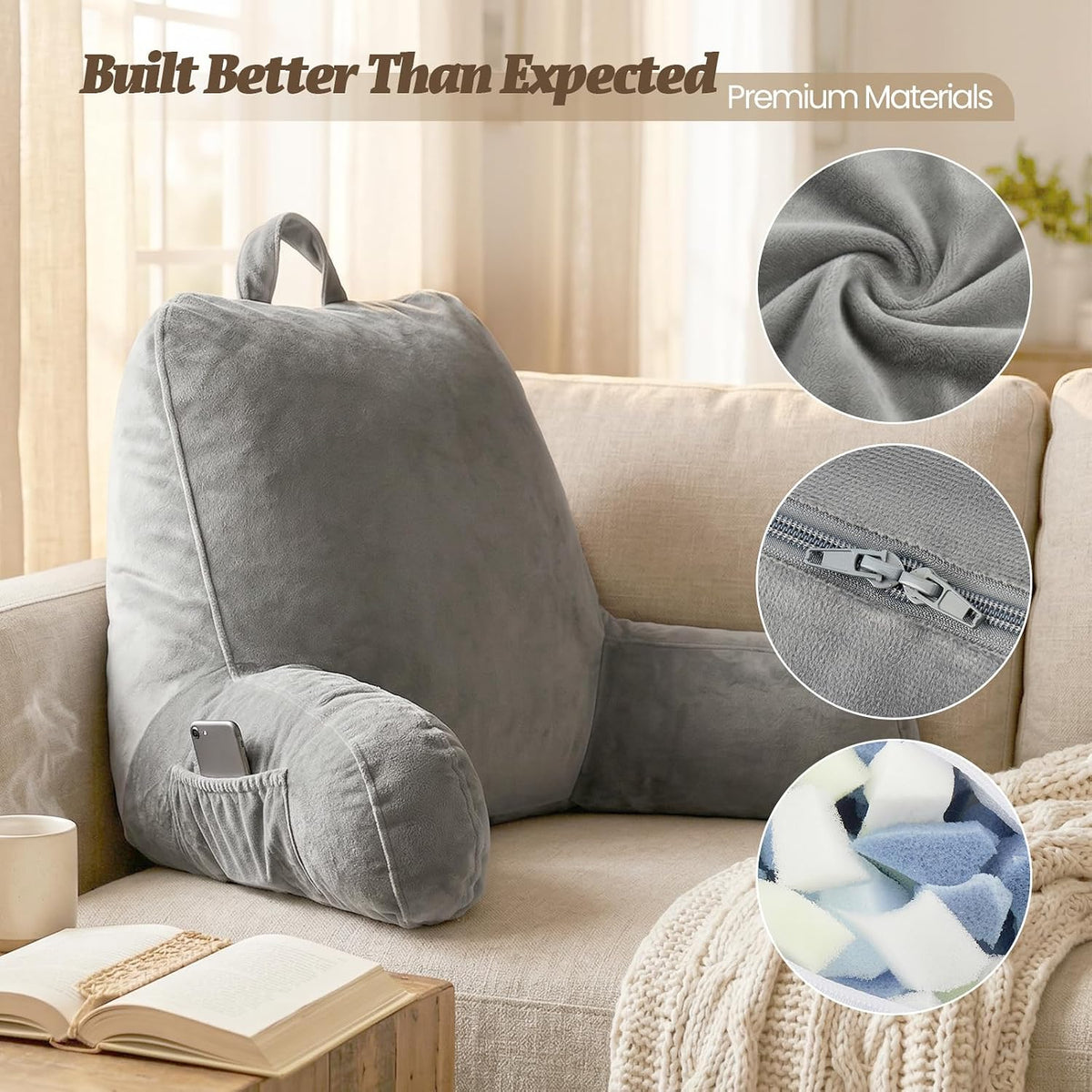 ACH Reading Pillow with Arms for Adults - Adjustable Memory Foam Bed Rest Pillow, Lumbar & Neck Back Support, Soft Velvet Cover Machine Washable, Deep Side Pocket & Carry Handle, Grey