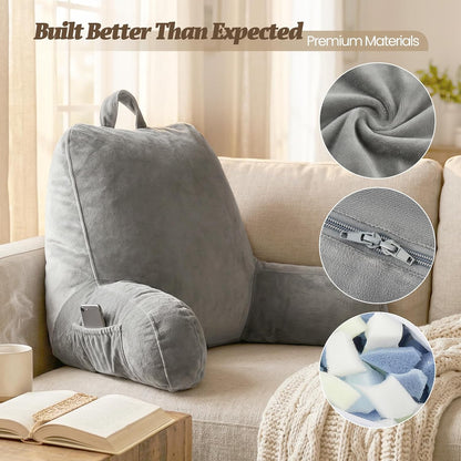 ACH Reading Pillow with Arms for Adults - Adjustable Memory Foam Bed Rest Pillow, Lumbar & Neck Back Support, Soft Velvet Cover Machine Washable, Deep Side Pocket & Carry Handle, Grey