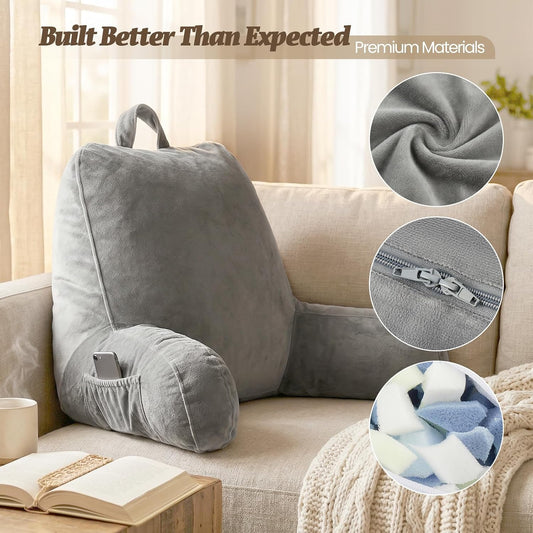 ACH Reading Pillow with Arms for Adults - Adjustable Memory Foam Bed Rest Pillow, Lumbar & Neck Back Support, Soft Velvet Cover Machine Washable, Deep Side Pocket & Carry Handle, Grey