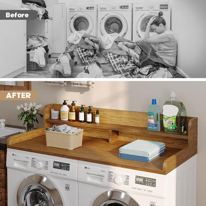 2-Tier Washer Dryer Countertop with 2.75" H Edge Rails, 54" W x 27.55" D Laundry Countertop for Folding Clothes, Washer and Dryer Topper with Non-Slip Pad (Dark Walnut)