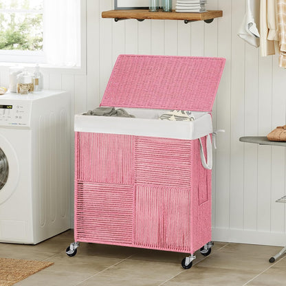WOWLIVE Double Laundry Hamper with Wheels, Handwoven Rolling Laundry Basket | 115L Dirty Clothes Hamper with Lid, Removable Liner Bag, Large Capacity Laundry Sorter Laundry Room Organization, Green