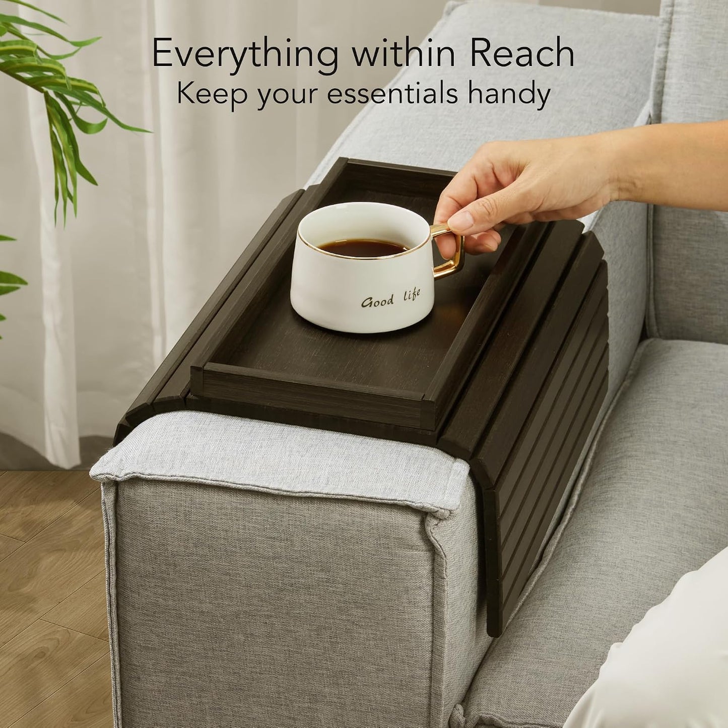 DETOR Couch Arm Tray with Spacious 12.4" x 5.4" Storage Box, Walnut Bamboo Finish, Enhanced Non-Slip Felt Bottom, Sturdy Bamboo Slats, Fits Armrests 6" and Wider