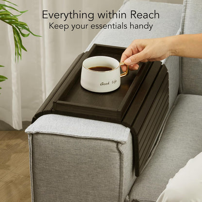 DETOR Couch Arm Tray with Spacious 12.4" x 5.4" Storage Box, Walnut Bamboo Finish, Enhanced Non-Slip Felt Bottom, Sturdy Bamboo Slats, Fits Armrests 6" and Wider
