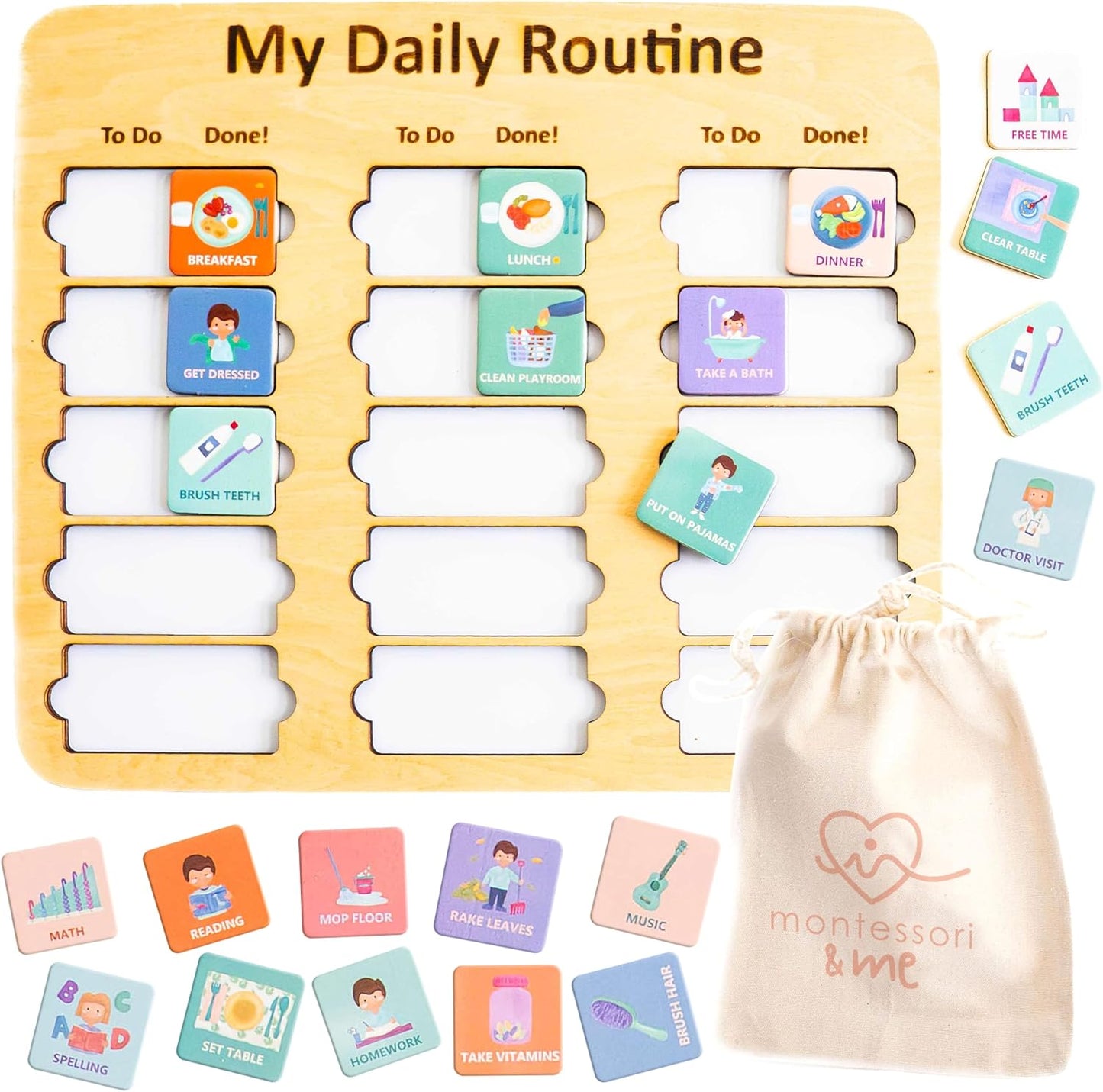 Wooden Toddler Routine Chart Ages 3-6 – Daily & Bedtime Routine Chart, Visual Schedule Board for Kids, Montessori-Inspired Visual Schedule for Kids Daily Routine