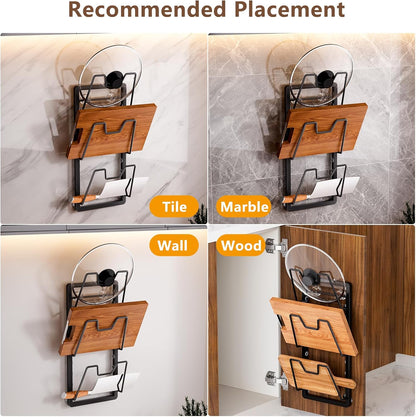 FEZHI pot lid organizer Rack, 3-tier adjustable and removable Pot Lids Holder for Kitchen Cabinet Door/Wall, No Drilling Adhesive Wall/Door Mounted Rustproof pots and pans organizer under cabinet.