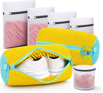 Shoe Washing Machine Bag: Shoes Come Out Clean & Protected during Washing | 2PC Laundry Shoe Bag for Washer and Dryer, Auto-Lock Zipper, Chenille Microfiber Lining, 17 x 7.5 inch, Durable, Yellow