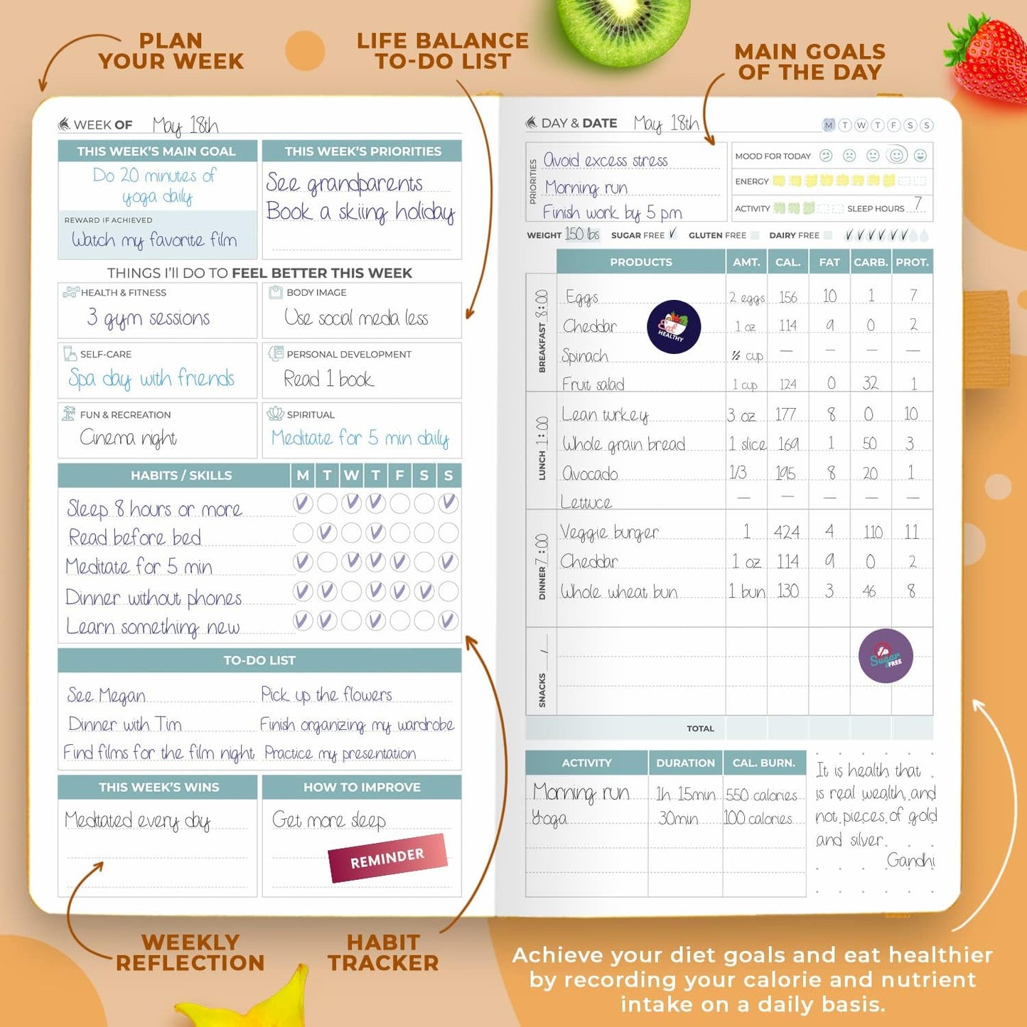 Clever Fox Wellness Planner & Food Journal for Weight Loss, A5 Orange | 5.8"x8.3" nutrition & exercise tracker for women tracking meals, diet & symptom diary, calorie counter notebook, stickers