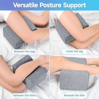CloudBliss Cooling Gel Knee Pillow for Side Sleepers, Memory Foam, White | Contoured leg pillow, high-density foam, removable machine-washable cover, breathable fabric, hip and knee support