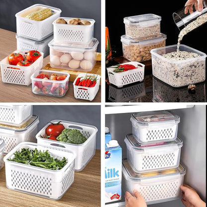 3Pack Fridge Food Storage Container Set with Lids with Strainer, Fruit Vegetable Storage Containers Keep Fruits, Vegetables, Berry, Meat Fresh longer, BPA-Free Plastic Produce Keepers