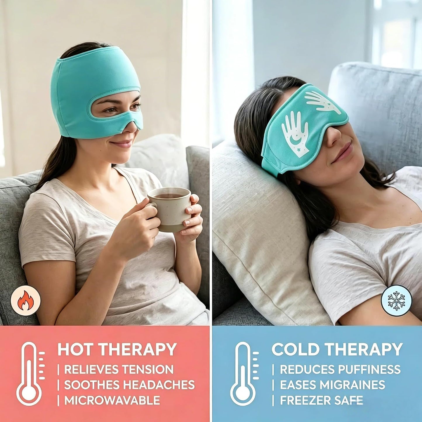 Migraine Relief Cap with Eye Holes, 3-in-1 Cooling Headache Cap with Detachable Eye Mask, Reusable Gel Ice Pack Face Head Wrap, Hot & Cold Therapy Hat for Stress,Hangover Relief at Home