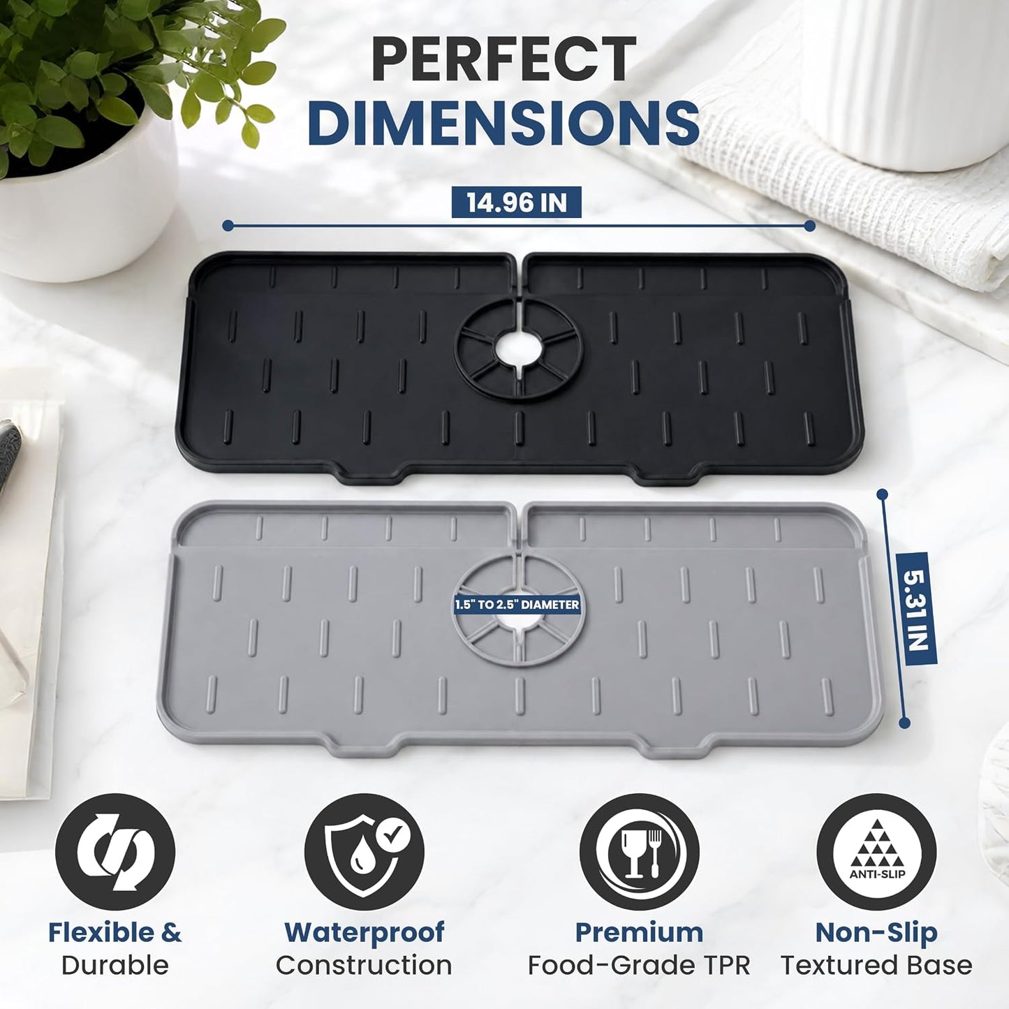 Faucet Splash Guard Mat for Kitchen Sink, Gray & Black, Set of 2 | TPR Drain Pad, Adjustable Center Hole, Self-Draining, Non-Slip, Fits 1.5"–2.5" Base