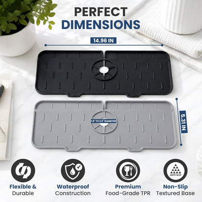 Faucet Splash Guard Mat for Kitchen Sink, Gray & Black, Set of 2 | TPR Drain Pad, Adjustable Center Hole, Self-Draining, Non-Slip, Fits 1.5"–2.5" Base