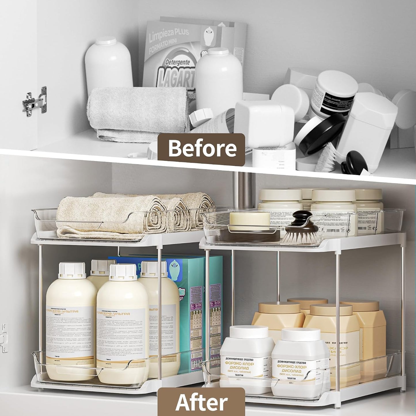 Delamu 2-Tier Multi-Purpose Bathroom Under Sink Organizers and Storage, Stackable Kitchen Pantry Organization, Pull Out Medicine Cabinet Organizer with Movable Dividers, White, 2 Pack