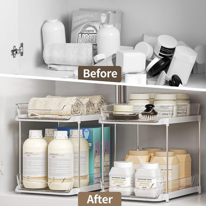 Delamu 2-Tier Multi-Purpose Bathroom Under Sink Organizers and Storage, Stackable Kitchen Pantry Organization, Pull Out Medicine Cabinet Organizer with Movable Dividers, White, 2 Pack