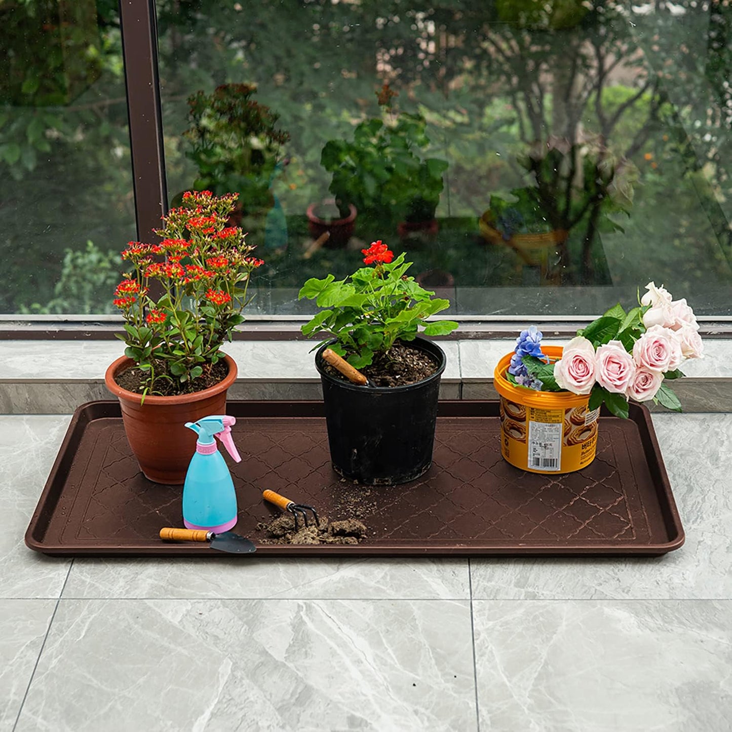 All Weather Boot Tray Extra Large 40"x20" - Brown Plastic Shoe Mat | Multi-purpose mudroom entryway tray with 1.25" raised edges - fits shoes, pet bowls & plants - 100% recycled polypropylene