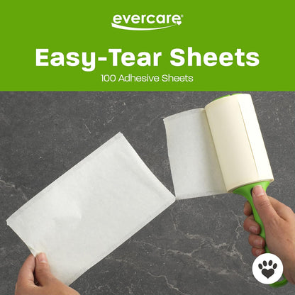 Evercare Pet Hair Lint Rollers All Purpose Use 100 Easy-Tear Sheets Per Roll Reusable Sticky Roller Pets Cat & Dog Hair Remover Contoured Handle For Furniture Clothing & Cars, Set of 3, Green