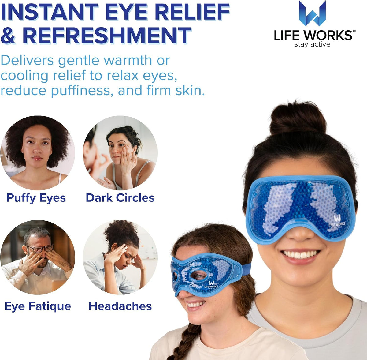 LIFE WORKS Gel Eye Mask with Cutout, Reusable, Hot or Cold, Blue