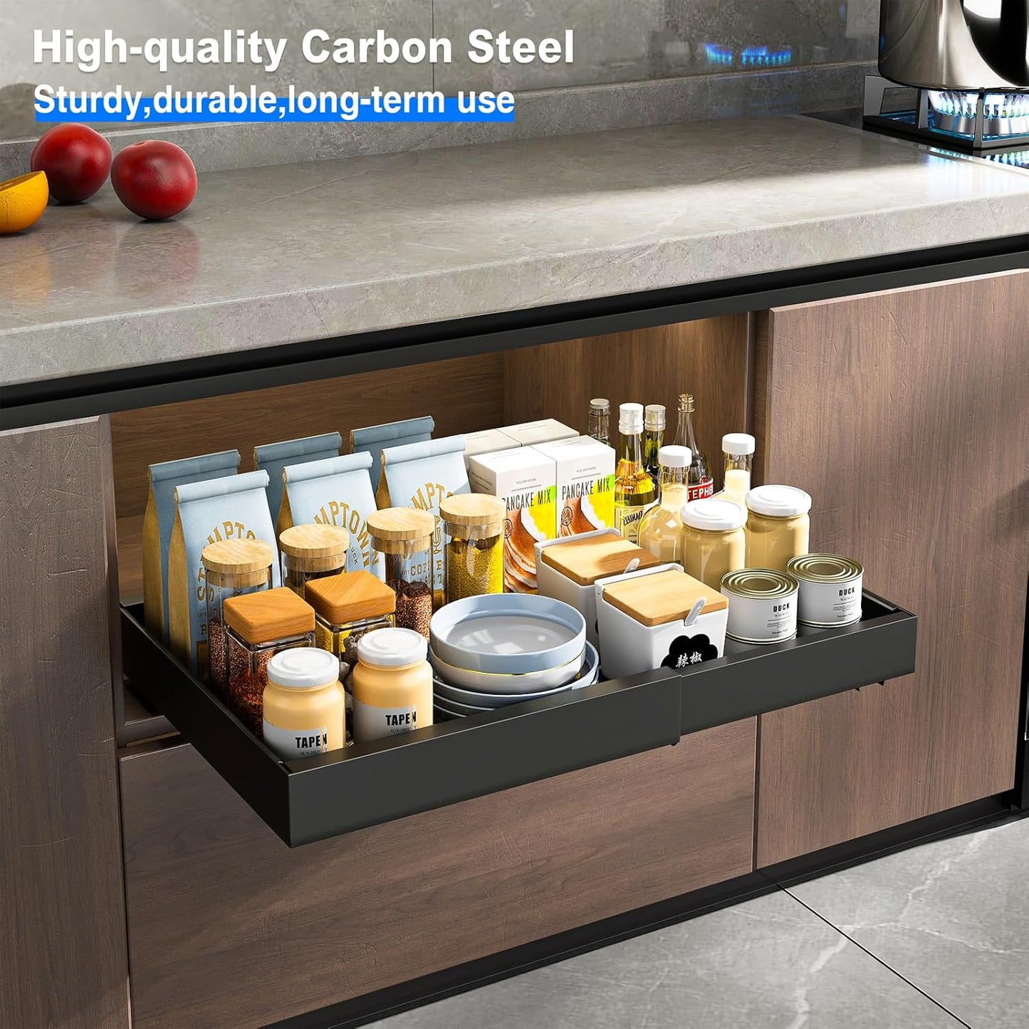 Mustorn 2 Pack Pull Out Cabinet Organizer, Slide Out Drawers for Cabinets, Peel and Stick, Heavy Duty Shelves for Kitchen, Cupboard, Pantry, Bathroom (16.5"D*11.8"W*3.94"H-Black)