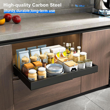 Mustorn 2 Pack Pull Out Cabinet Organizer, Slide Out Drawers for Cabinets, Peel and Stick, Heavy Duty Shelves for Kitchen, Cupboard, Pantry, Bathroom (16.5"D*11.8"W*3.94"H-Black)