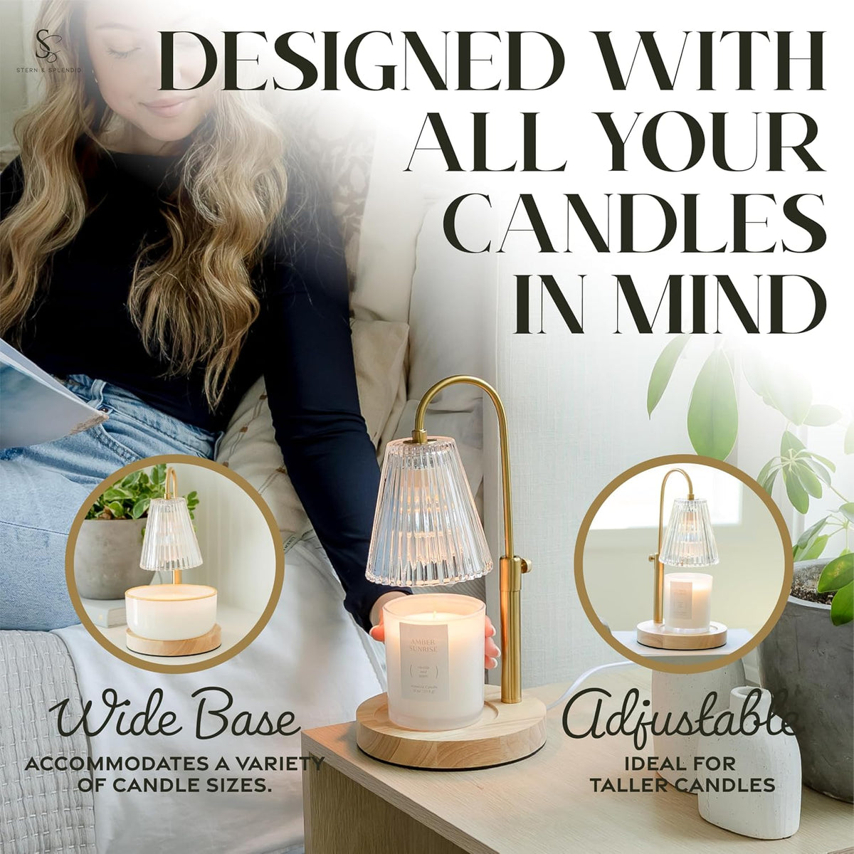 Flameless Candle Warmer Lamp for Jar Candles Large & Small – Dimmable Lamp Candle Warmer Electric with Large Marble Base & Adjustable Height – Candle Melter with Timer and 4 Halogen Light Bulbs