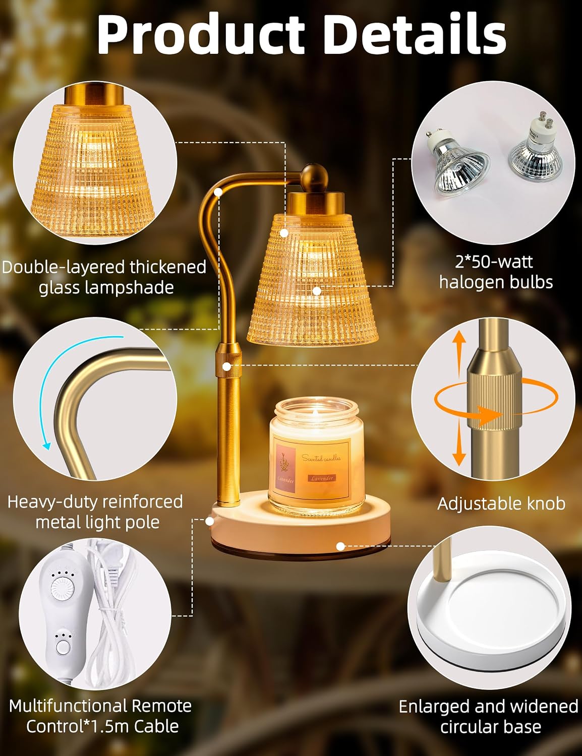 Candle Warmer Lamp for Jar Candles, Height Adjustable & Dimmable with 2/4/8H Timer, 2*50W Halogen Wax Melter Warmer for Home Office Décor, Flameless & Smokeless, Gift for Women Mom, Black-Clear/1 Pack
