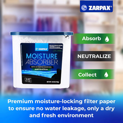 ZARPAX Moisture Absorber Activated Charcoal 10.5 oz/300g | Removes Moisture, Damp, Humidity & Odors | Odor Absorber | Moisture Trap for Bathroom, Closet, Kitchen & Small Spaces | Set of 4