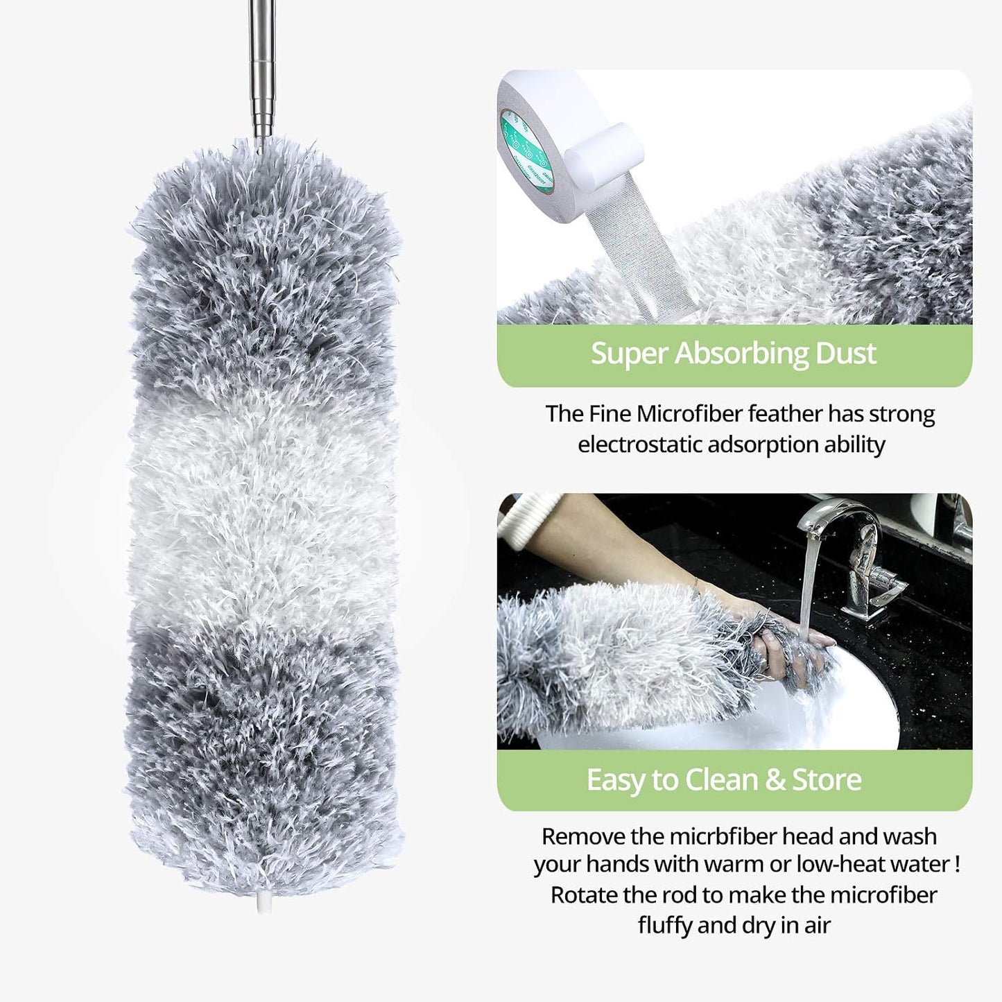 Cobweb Duster with Extension Pole 100 inches, Dusters for Cleaning with 2 Duster Heads, Washable Microfiber Feather Duster for Cleaning Ceiling Fan, High Ceiling, Blinds, Furniture & Cars