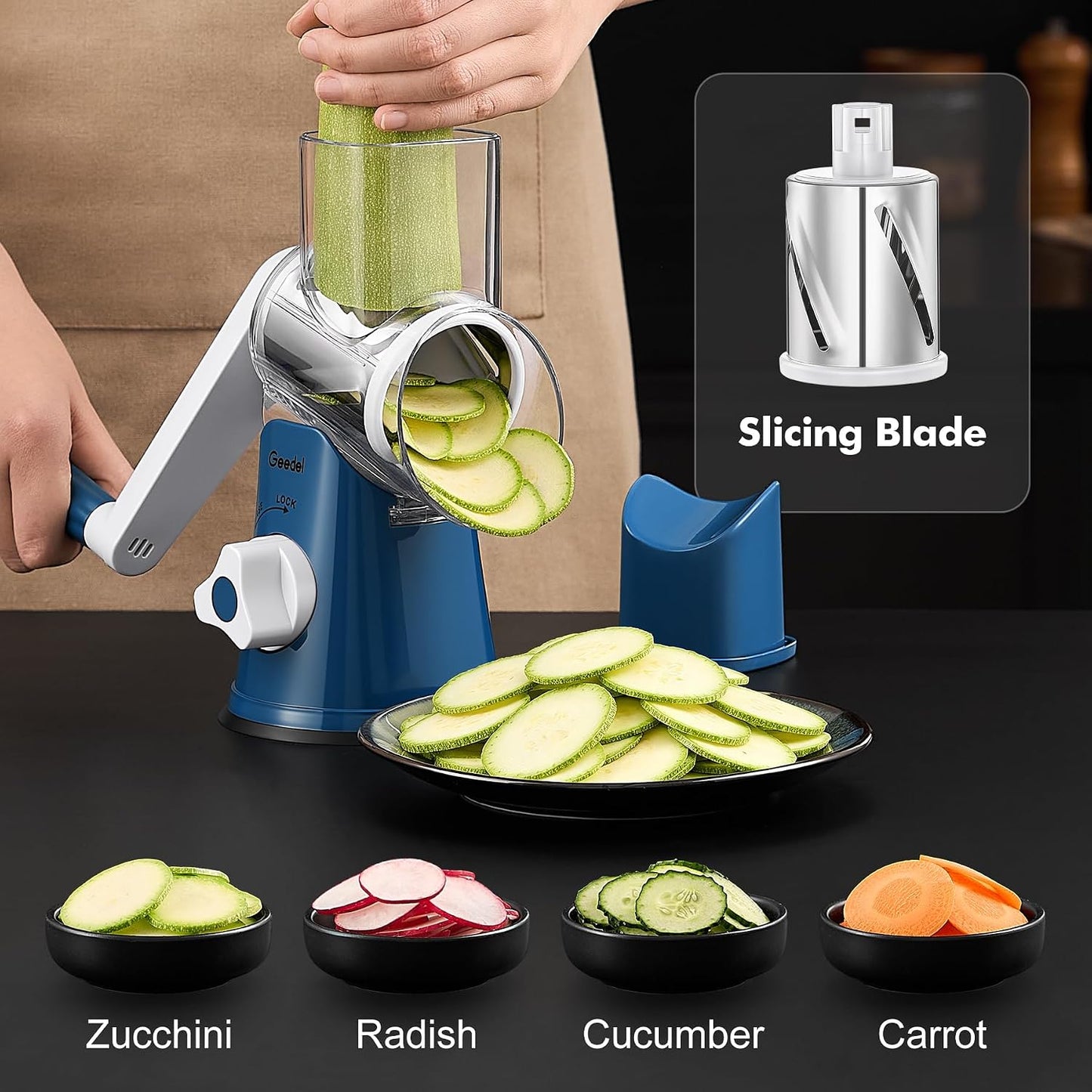 Geedel Rotary Cheese Grater, Kitchen Mandoline Vegetable Slicer with 3 Interchangeable Blades, Easy to Clean Rotary Grater Slicer for Fruit, Vegetables, Nuts | 3 Blades, 430 Stainless Steel, 12x Fast Cutting, Strong Suction Base, No BPA, Dishwasher Safe,