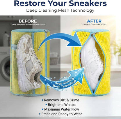 Shoe Washing Machine Bag (2 Pack) – 360° Thick Protection, Highly Durable Mesh Sneaker Washer w/Zipper Lock & Side Pockets – Deep Cleaning Sneaker Laundry Bag for Spotless Shoes