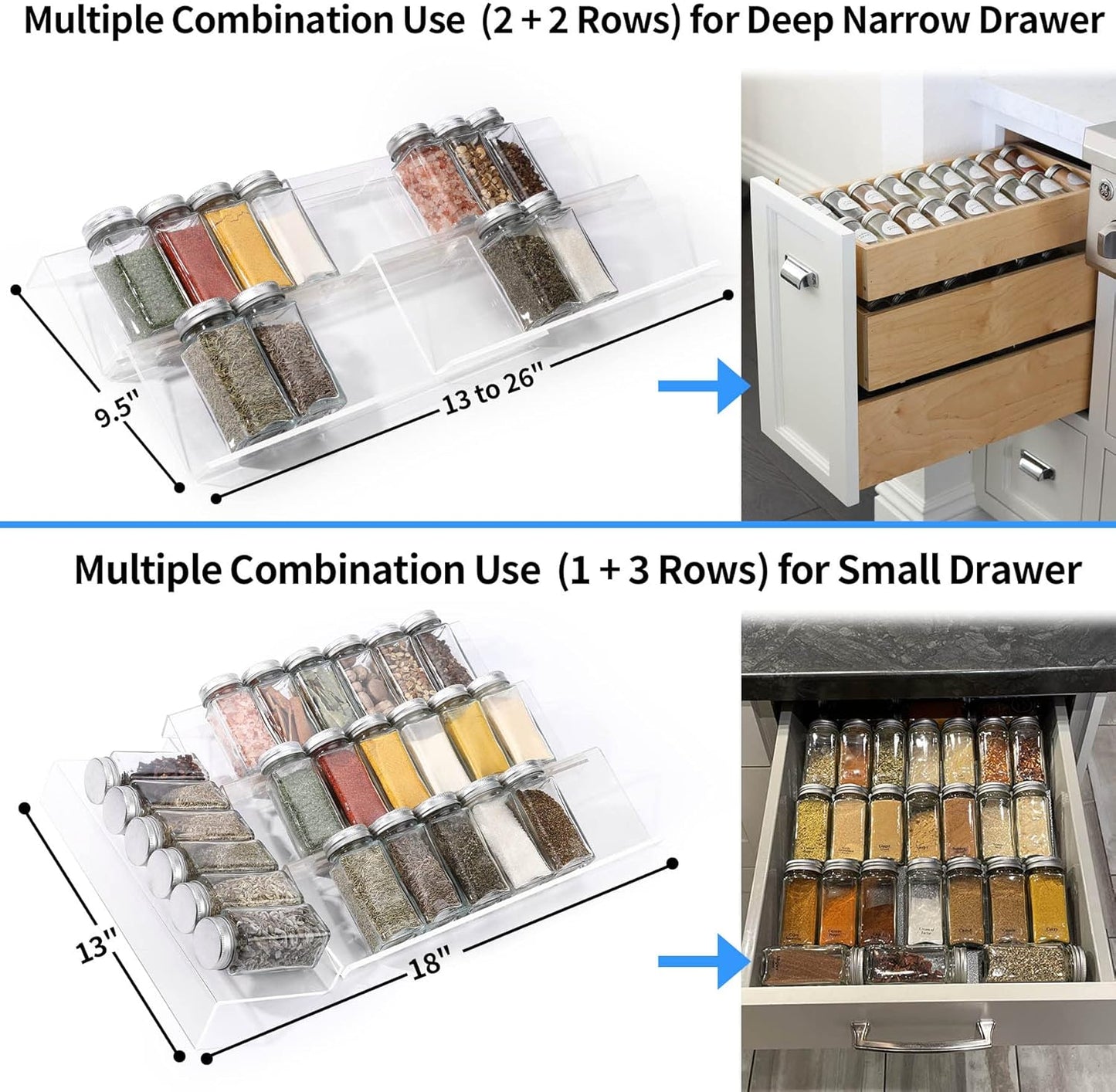 MIUKAA Clear Acrylic Spice Drawer Organizer, 4 Tier Seasoning Jars Drawers Insert, Kitchen Spice Rack Tray for Drawer/Countertop (Jars not included)