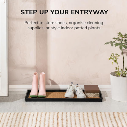 Anji Mountain Heavy Duty Waterproof Rubber Shoe Storage Mat Organizer/Boot Storage Tray Multi Use For Entryway with Coir, Tan Insert, Fits 2 Pair (24.5" Wide)