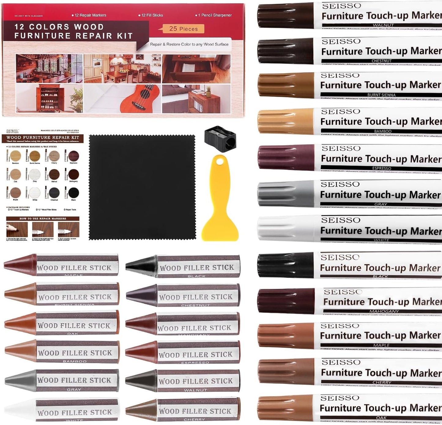SEISSO Wood Furniture Repair Kit, Touch Up Markers Wood Fillers | Wood Putty with Polish Wax, 12 Colors Wood Repair Kit of Stains, Scratches, Holes, Cracks(40 PCs)