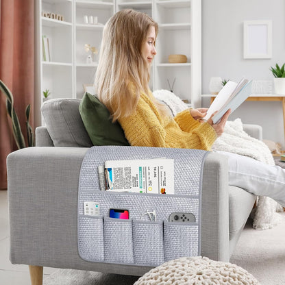 Remote Control Holder Couch Caddy, Armchair Caddy for Recliner 5 Pockets | TV Remote Holder Couch Armrest for Bed Storage with 5 Pockets, Remote Caddy Bedside Table Organizer (Light Gray,35''x13'')