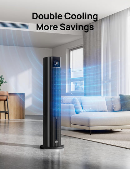 DREO Tower Fan for Bedroom, 43" Cooling Fans That Blow Cold Air 2025 Upgraded, Evaporative Air Cooler, Quiet 85° Oscillating Floor Fan, Easy Cleaning, APP Control, 4 Modes & 4 Speeds, Ink Black