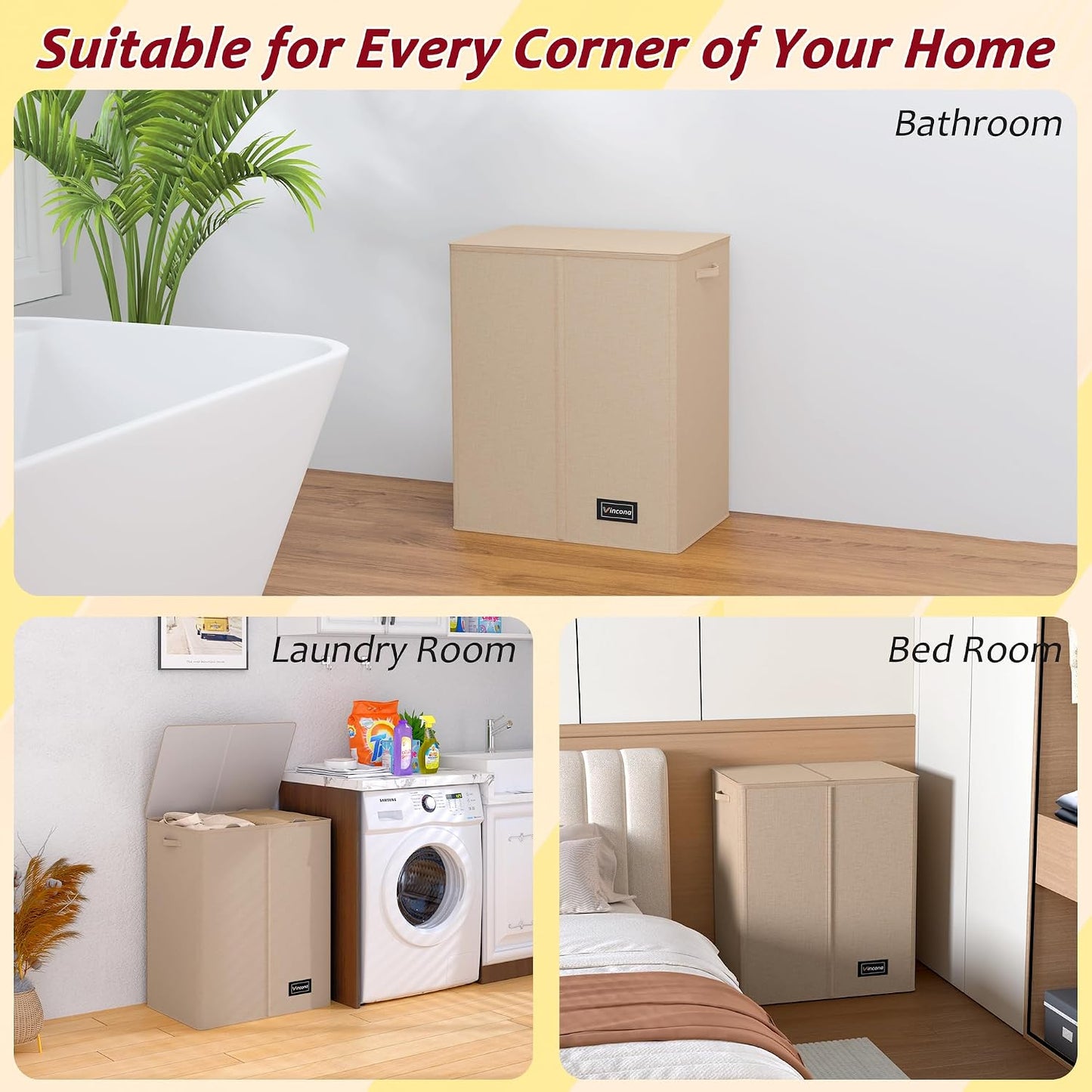 195L Laundry Hamper 3 Section,Large Laundry Hamper with Lid,Dirty Clothes Hamper with 3 Inner Bags,Collapsible Laundry Basket Organizer for Laundry Room,Bedroom,Laundry Sorter Hamper 3 Compartment