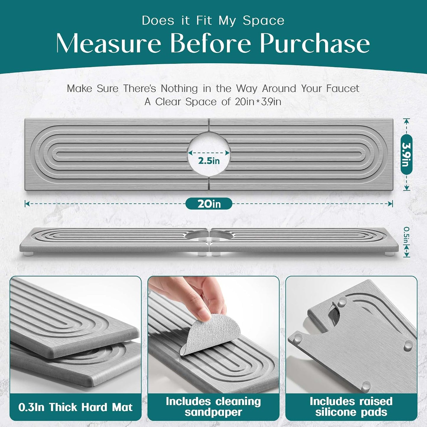 Stone Faucet Mat for Kitchen Sink – Diatomite Drying Stone Mat & Sink Protector, Prevents Moisture – Sink Splash Guard Water-Absorbing Stone Tray for Bathroom Counter (Light Grey, 20" x 3.9")