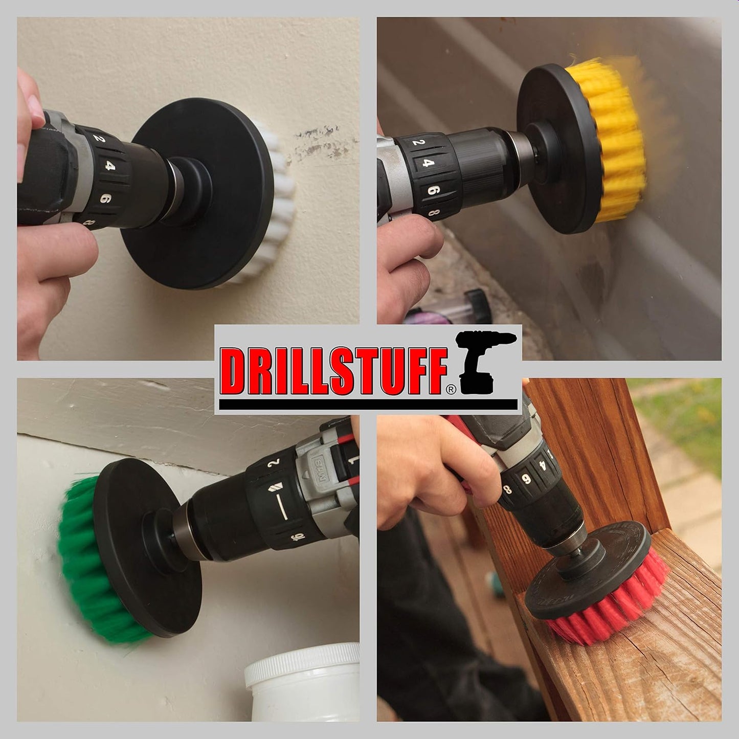 4in Soft, Medium and Stiff Drill Brush Attachment Power Scrubber Brush Set | 4 Piece Power Scrubbing Brushes Drill Attachment Kit - Spin Brushes for Cleaning Showers, Tubs, Bathroom, Tile, Grout, Carpet