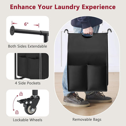 Laundry Cart with Hanging Rack, 65 Gal. Large Laundry Hamper, Beige | Rolling Laundry Cart with Hanging Bar with Removable Bag and Lockable Wheels, Separator Hamper Cart for Bedroom, Bathroom