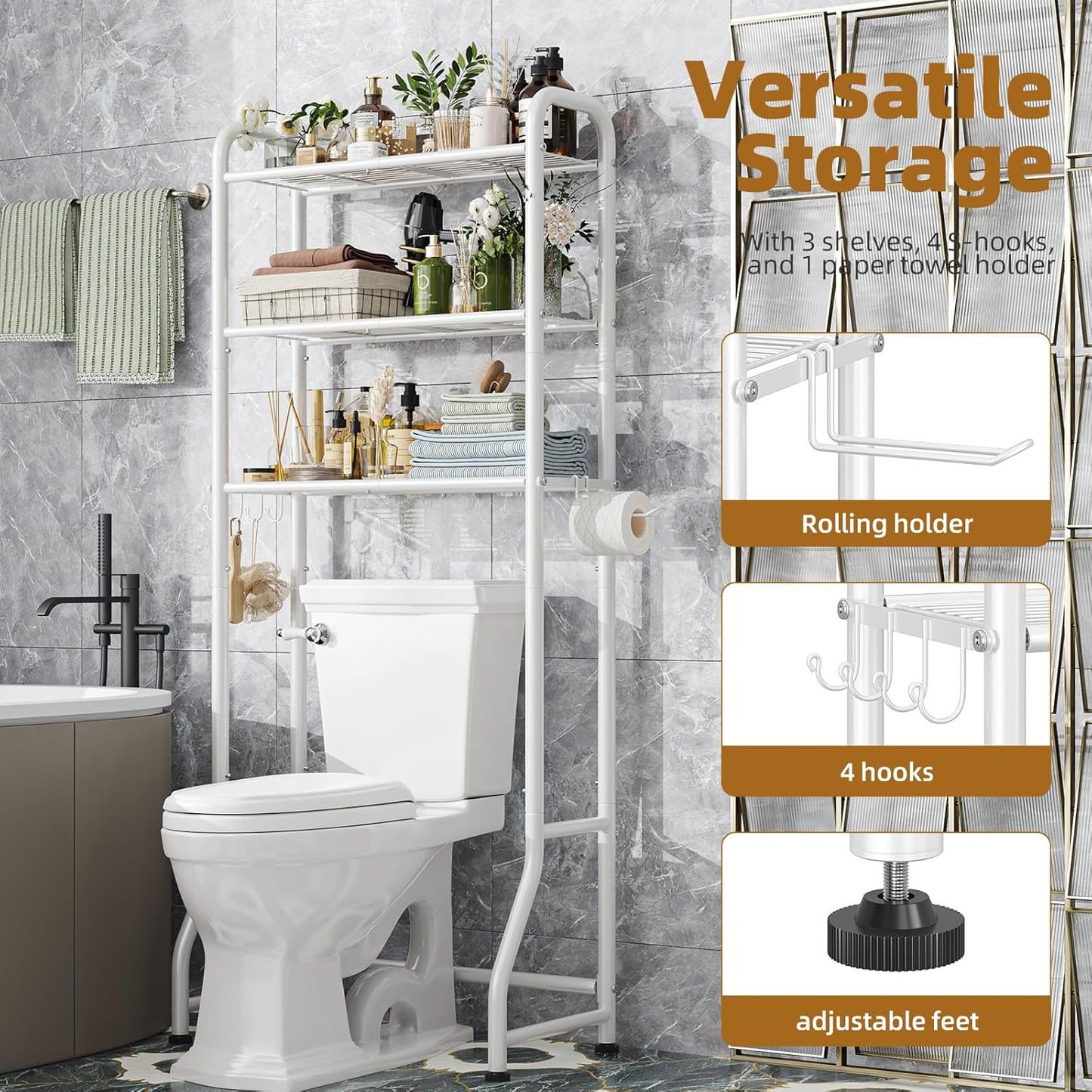 Simple Trending Over The Toilet Storage Cabinet, Metal Bathroom Shelf Organizer with Paper Holder and Hooks, 3 Tier, Black