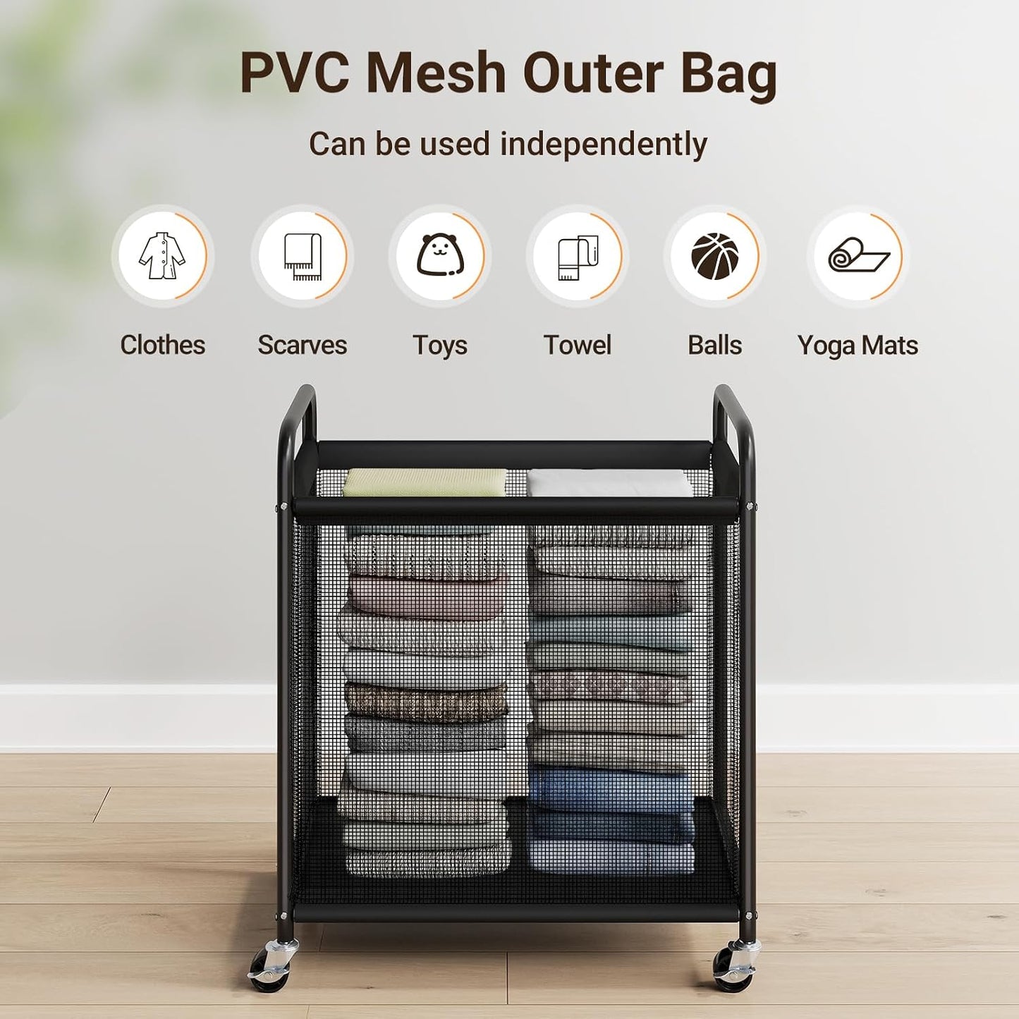 ELYKEN Laundry Hamper 2 Section, 100L Rolling Laundry Sorter with Wheels | Removable Washable Liner Bags, Sturdy Steel Frame and Metal Handle, Double Compartment Clothes Organizer for Laundry Sorting