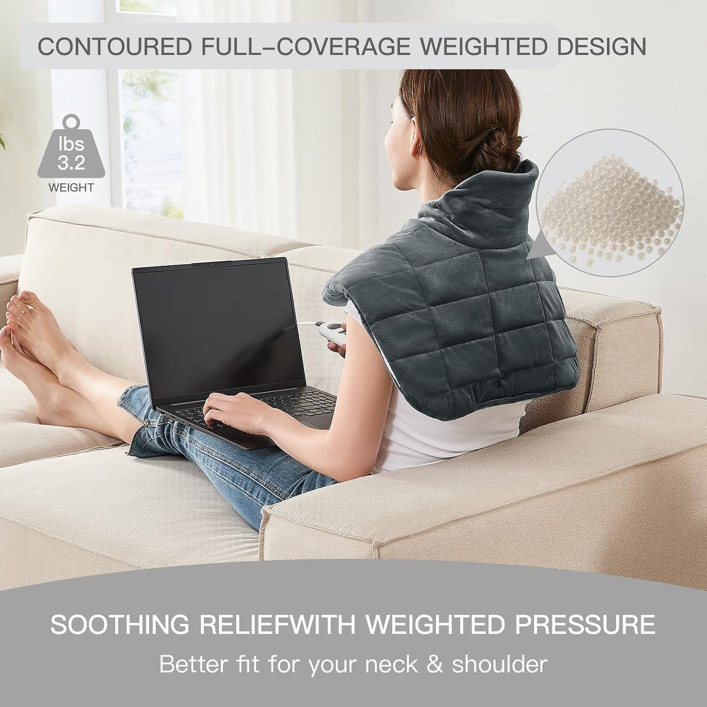 Weighted Heating Pad for Neck, Shoulder & Back Pain Relief FSA Eligible HSA | weighted heat therapy pad with fast heating for muscle relaxation, period cramps, and soothing neck, shoulder and back pain.