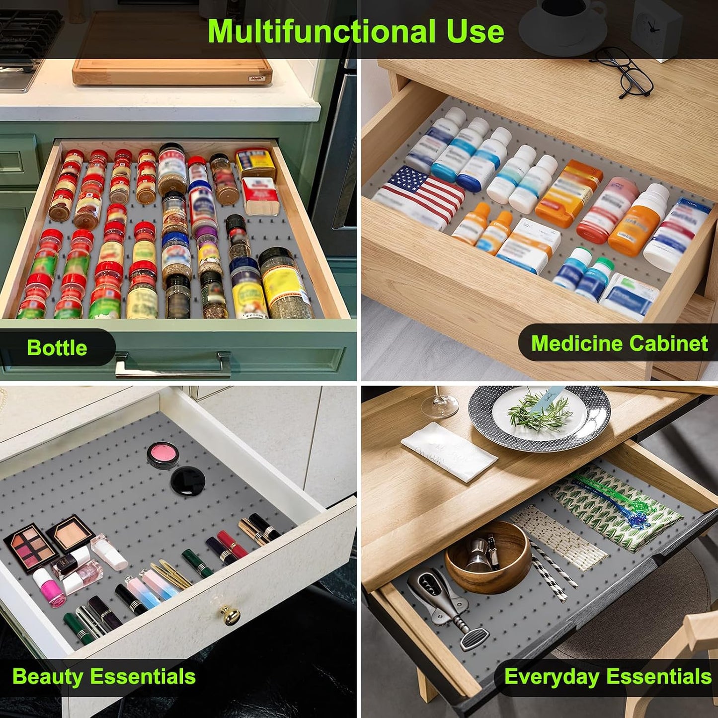 Spice Drawer Organizer Insert - Silicone Spice Drawer Liner Pearl | Adjustable non-slip liner organizer; in-drawer spice rack for seasoning jars, spice bottles, flat kitchen drawer organizer