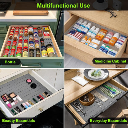 Spice Drawer Organizer Insert - Silicone Spice Drawer Liner Pearl | Adjustable non-slip liner organizer; in-drawer spice rack for seasoning jars, spice bottles, flat kitchen drawer organizer
