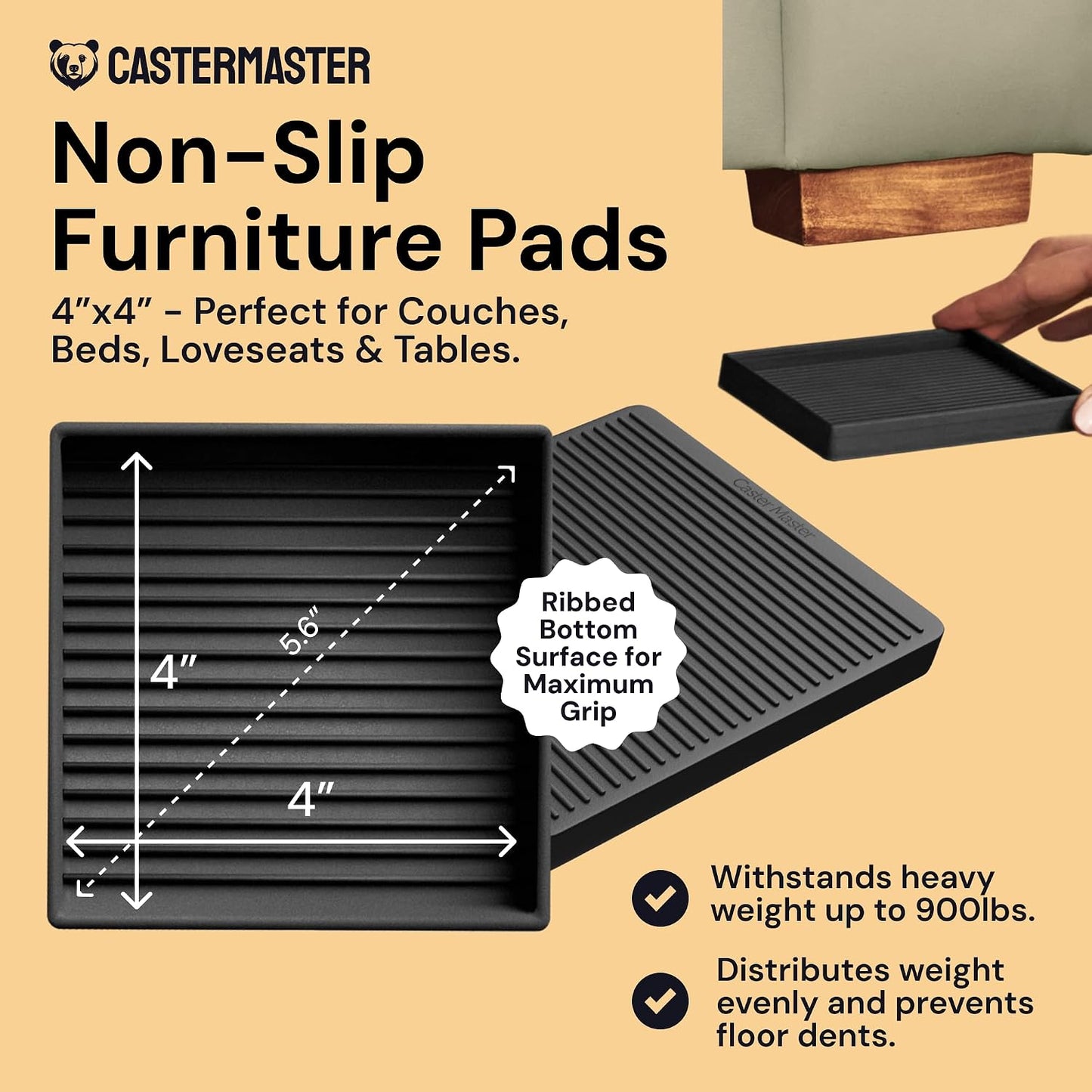 Non-Slip Furniture Pads - 4x4 in Brown, 4 Pack | Square rubber caster cups - anti-skid - Use for heavy sofas, beds & chairs on hardwood floors