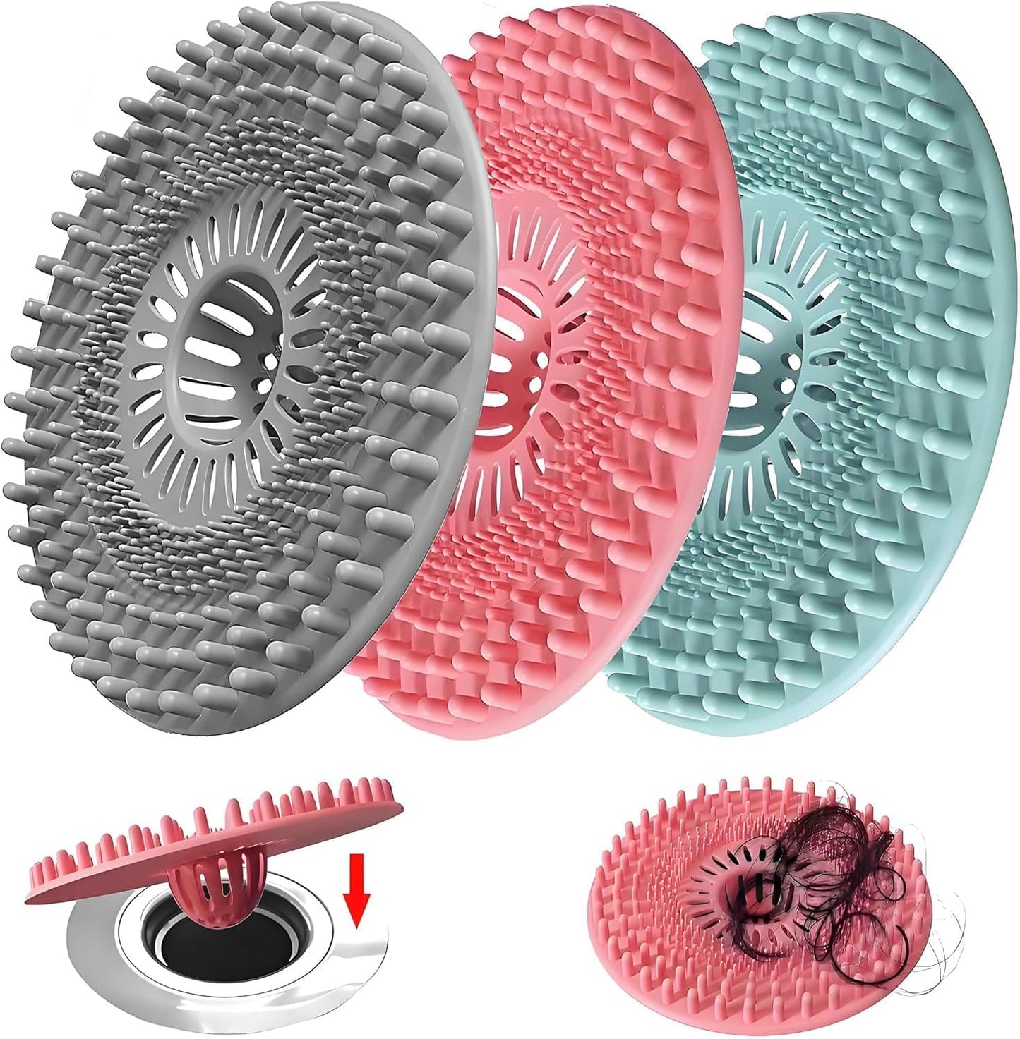 Silicone Hair Catcher for Shower Drain & Bathtub – 3 Pack (Grey/Blue/Pink) | Anti-Clog Drain Strainer with Strong Suction, Drain Cover Bathroom Tub, Sink Floor Pet Hair Stopper Trap Protector, Patented