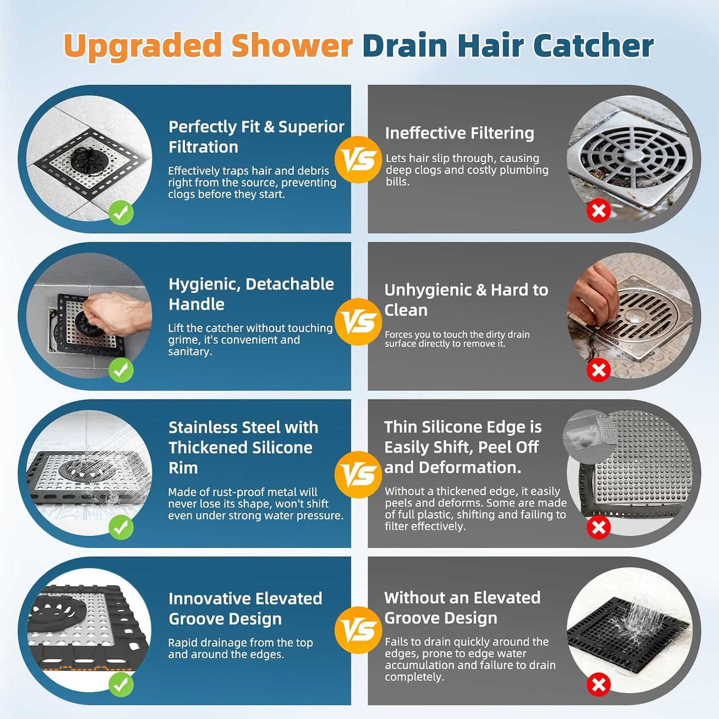 Hibbent Upgraded Shower Drain Hair Catcher for Bathroom Floor 4" Drain, Anti-Clogging Shower Drain Cover, Stainless Steel & Silicone Drain Strainer with Handle, Shower Drain Protector, Grey