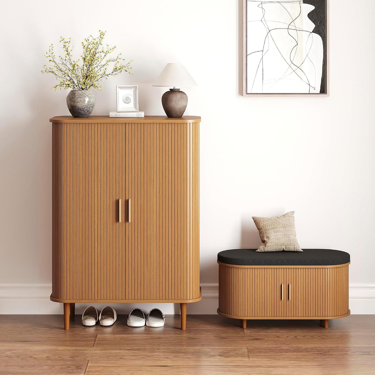 DHH Shoe Storage Cabinet with Sliding Door, 6-Tier Shoe Cabinet with Adjustable Shelves, Modern Freestanding Shoe Storage Organizer for Entryway, Hallway, Living Room (Walnut, 47 ")