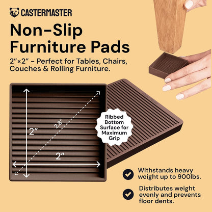 Non-Slip Furniture Pads - 4x4 in Brown, 4 Pack | Square rubber caster cups - anti-skid - Use for heavy sofas, beds & chairs on hardwood floors