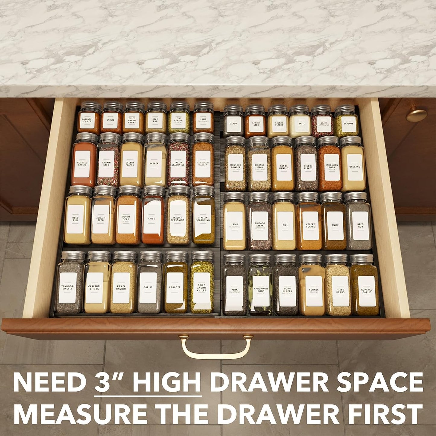 SpaceAid Bamboo Spice Drawer Organizer, (Need 3" Deep Drawer) Expandable 4 Tier Spices Rack for Cabinet, Kitchen Seasoning Storage Insert (Jars Not Included, From 12" to 23" Wide)