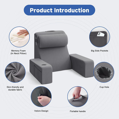 Reading Pillow for Sitting in Bed Adult, Back Pillow for Bed Sitting up with Arms, Pockets and Cup holder, Sit Up Backrest Pillows for Beds Chair Support, Rest Pillow for Gaming (Light gray)